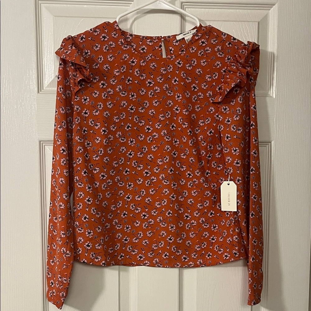 Floral Orange Blouse with Ruffles NWT